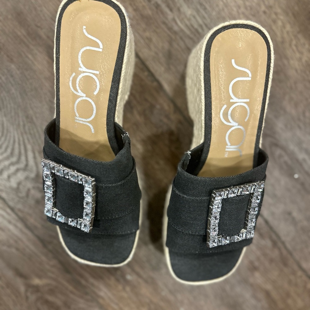 Sugar Black Wedges with Rhinestone Accent